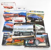 Twelve Airfix, Tamiya and similar manufacturers plastic model kits to include Jaguar Type E, MG B,