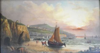 Millson Hunt (flourished 1875-1900) boat being brought onto the beach with further boats beyond