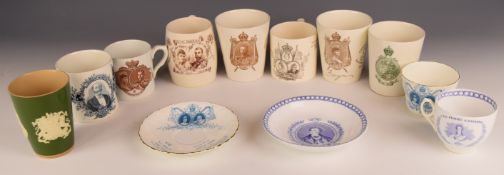 A collection of commemorative mugs, teaware and beakers by Royal Doulton, Spode, Minton etc,
