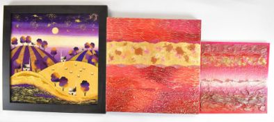 Three Sarah Louise Ewing (contemporary British) mixed media landscapes including one purple and gold