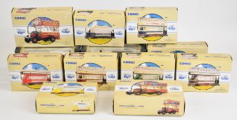 Twelve Corgi diecast model buses, trams and showman's engines to include 'The Vintage Glory of