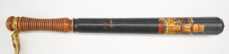 Victorian wooden truncheon with ribbed handle and painted Queen's crown, overall length 45cm