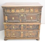 Carolean oak chest of four straight drawers in two parts, with geometric moulded decoration,
