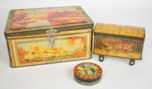 Three colour illustrated tins to include a vintage William Crawford biscuit tin shaped as a circus