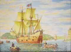 W.J. Dunn oil on canvas sailing boats surrounded by smaller tenders coming into port, possibly