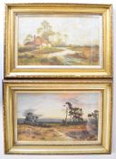 School of Samuel John Lamorna Birch pair of oil on canvas pastoral landscapes with thatched