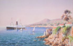 Samuel John Milton Brown (1873-1965) steamship at anchor with smaller boats around it off a