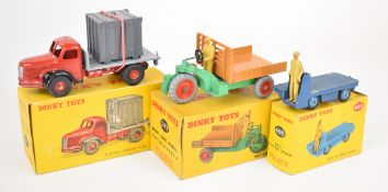 Three Dinky Toys diecast model truck comprising Plateau Berliet Avec Container 34 B, Motocart 342