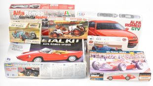 Five Airfix style Alfa Romeo plastic model kits, to include Tamiya, Italeri and Revell, in