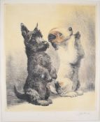 Kurt Meyer (1895-1977) aquatint etching Two Terriers Begging depicting two dogs or puppies, signed
