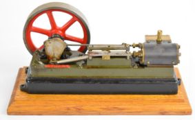 Stuart S50 live steam single cylinder engine on wooden base, overall length 24cm