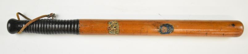 Victorian Police or similar wooden truncheon with impressed VR cypher below crown and applied