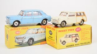 Two Dinky Toys diecast model cars comprising Morris 1100 140 and Mini-Traveller 197, both in