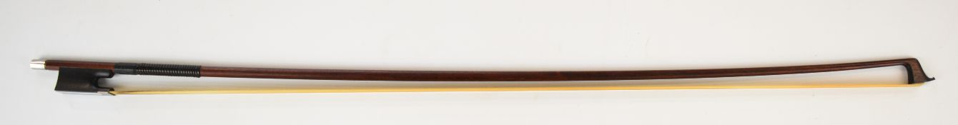 W E Hill & Sons violin bow stamped W.E.H&S, with ebony frog, mother of pearl inlay, silvered screw