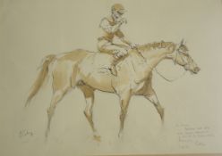 Peter Curling (Irish, born 1955) watercolour of a horse and jockey, with dedication lower right from