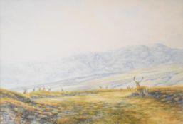 Ian Oates (British contemporary) watercolour Scottish Highland landscape Stags in Glen Artney,
