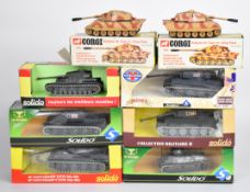 Eight Corgi and Solido diecast model tanks and artillery units to include PzKpfw VI Tiger II -