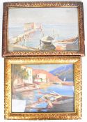 Two oils on canvas, probably Greek or Mediterranean harbour scenes, signed (likely Greek) and