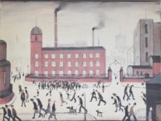 Laurence Stephen Lowry (1887-1976) signed print Mill Scene, red brick mill with smoking chimneys