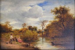 John Linnell (1792-1888) oil on panel landscape brook with figures relaxing on the bank, signed