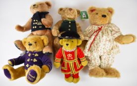 Five Teddy bears by Harrods, Merrythought and Bumble Bears (Fiona Wells), tallest 56cm.