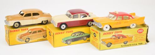 Three Dinky Toys diecast model cars comprising Humber Hawk 165, Studebaker Land Cruiser 172 and