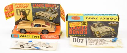 Corgi Toys diecast model James Bond 007 Aston Martin DB5 with gold body, red interior, spoked hubs