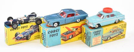 Three Corgi Toys diecast model cars comprising Cooper Maserati F1 156, Austin A60 Motor School Car