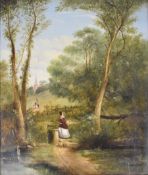 Attributed to Thomas Creswick RA (1811-1869) oil on canvas woman at a stile with further figures
