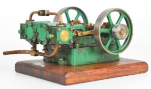 Stuart Score live steam twin cylinder engine on wooden base, overall length 19.5cm