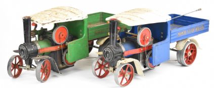 Two Mamod SW1 live steam wagons, one with blue painted body the other green, both with steering