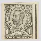 1911-1912 1d imperf plate proof from master die 1B in black, on thick unwatermarked and ungummed