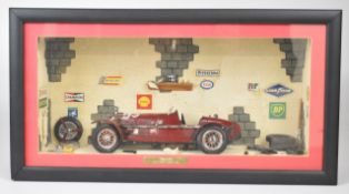 1:18 scale diecast model Alfa Romeo Monza in custom framed garage or workshop diorama, 26 x 49 x