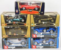 Seven Bburago 1:18 scale diecast model sports cars comprising Dodge Viper RT/10, Jaguar E-Type