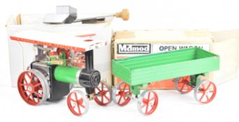 Mamod TE1A live steam traction engine with steering extension rod, together with an OW1 trailer,