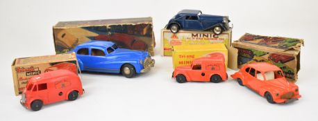 Five Tri-Ang Minic clockwork cars comprising Police Car, Royal Mail Van, Vauxhall Cabriolet, Town