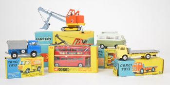 Five Corgi Toys diecast model trucks, vans and similar comprising, Forward Control Jeep FC-150