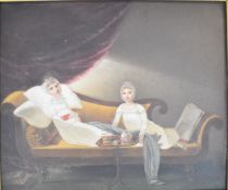 19th century naïve Georgian oil on panel of two girls relaxing on a chaise longue with books and