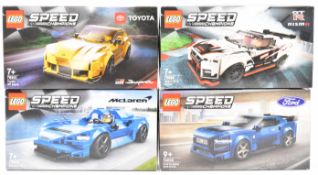 Four Lego Speed Champions racing car sets comprising Nissan GT-R Nismo 76896, Toyota GR Supra 76901,