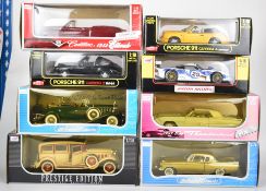 Eight Anson 1:18 scale diecast model cars to include Porsche 911 Carrera 2 Targa, Cadillac Eldorado,