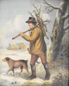 19th century oil on canvas man carrying a faggot of wood with his dog walking alongside him in a