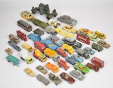 Forty-five vintage diecast model cars, trucks and buses, to include Corgi, Dinky, Matchbox, Spot-