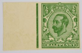 1922-1922 ½d green, left marginal imperf plate proof, on multiple cypher watermarked paper, large