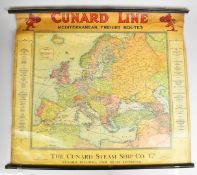 Cunard Line early 20th century linen backed map of Mediterranean freight routes, with Liverpool