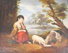 Attributed to George Morland (1763-1804) girl looking after three piglets with sheep amongst trees