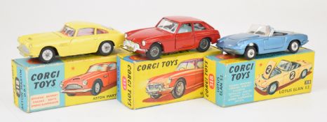 Three Corgi Toys diecast model sports cars comprising Aston Martin DB4 218, Lotus Elan S2 318 and