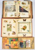 Victorian album filled with greeting cards and scraps, cats, dogs, floral, birds, costume,