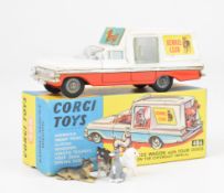 Corgi Toys diecast model Kennel Service Wagon with four dogs, red/white body, sky blue interior,