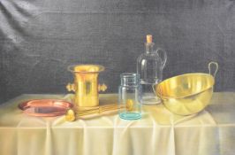 Andras Gombar (Hungarian, born 1946) oil on canvas still life glass and brass items on a table,
