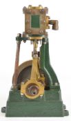 Vertical single cylinder live steam engine in the style of a small Stuart No 1, the solid flywheel